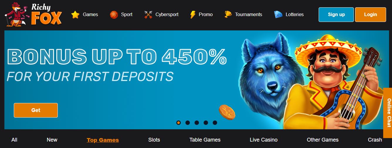 Visit Richy Fox casino homepage and get 450 percent bonus