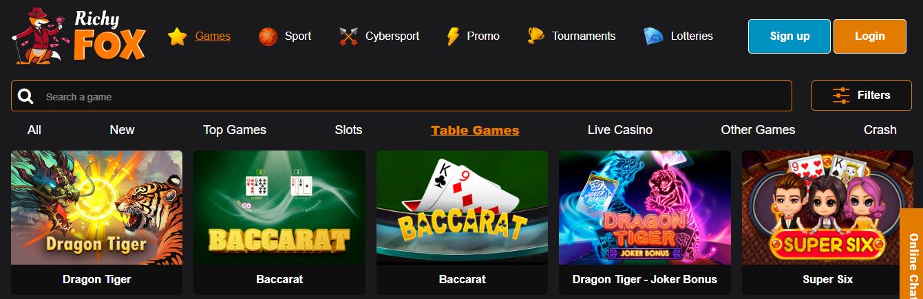 Join table games like baccarat and dragon tiger online